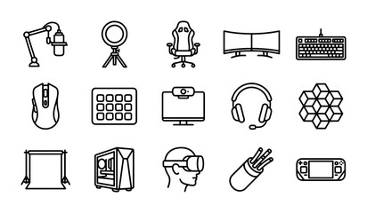 Modern gaming and streaming equipment vector icon set, black and white line art collection. Essential gamer gear, online content creation tools, and esports accessories for digital entertainment. © Tanvir