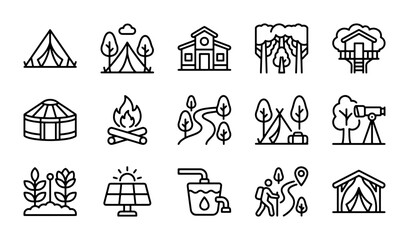 Outdoor adventure and nature exploration line icons, a versatile vector set for camping, sustainable living, and environmental themes. Includes tents, campfires, solar panels, and hiking paths. © Tanvir