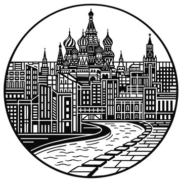 Onion domes - Iconic Moscow skyline featuring Saint Basil's Cathedral and the Kremlin in a detailed circular illustration of the historic Russian