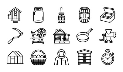 Homesteading and Farm Life Vector Icons, Rural Living Essentials, Agriculture and Beekeeping Tools © Jahid