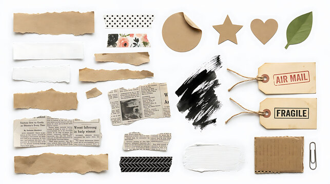 Collection of scrap paper pieces adhesive tape strips paint marks and vintage shipping tags on white backdrop with adhesive shipping collection stationery background distressed shredded