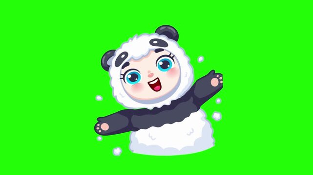 Adorable cartoon panda mascot with big blue eyes and fluffy white fur, happily waving arms in a looping animation. Isolated on a chroma key green background, perfect for video overlays, kids' content