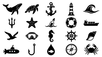 Nautical vector silhouette icons for maritime adventure and ocean exploration themes © MdMasum