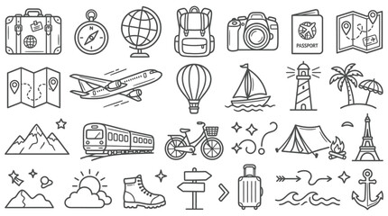 Fototapeta premium flat travel icon set with essential elements for global tourism adventure and transportation