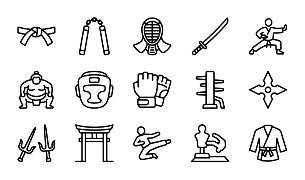 Martial Arts Line Icons, Japanese Combat Sports Vector Set, Dojo Training Equipment, Karate Gear Collection