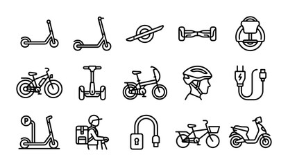 Electric Scooter & Bike Line Icons, Modern Urban Commuter Transport Vector Set, Eco-Friendly Mobility © Kamal