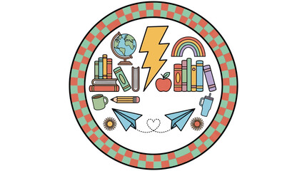 Naklejka premium colorful education icons set with books and lightning bolt