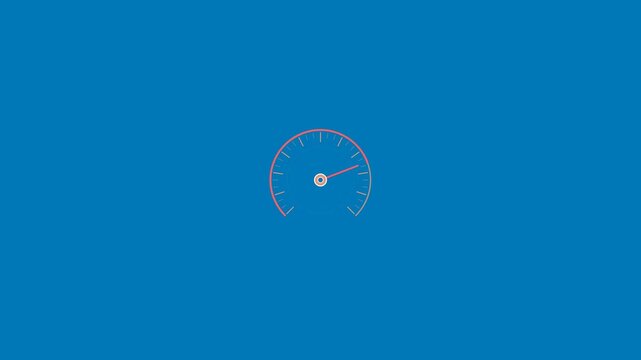 Minimalist speedometer gauge animation featuring a rotating orange needle on a vibrant blue background indicating speed performance in video footage