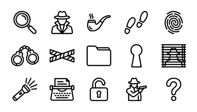 Detective Icons, Mystery Symbols, Investigation Clipart Set: Magnifying Glass, Footprints, Fingerprint, Handcuffs, Question Mark