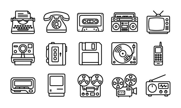 Retro Technology Icons, Vintage Electronic Devices, Old Media Gadgets, Outline Vector Set