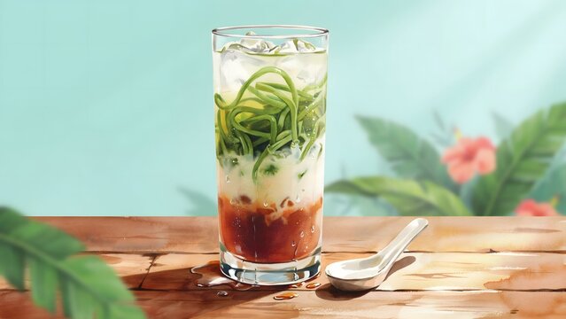 Cendol dessert in glass with ice and palm sugar syrup