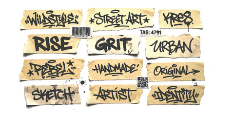 Set of various graffiti tag words written on torn paper stickers with urban street art style © md