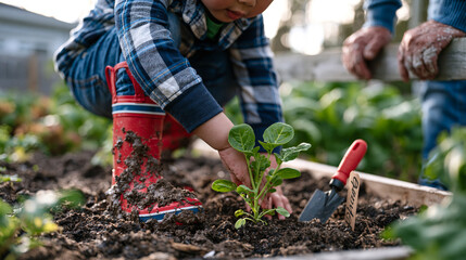 Fototapeta premium Child in muddy rubber boots carefully pressing seedling into raised garden bed, small trowel beside handwritten plant marker, grandfather supervising nearby with weathered hands resting on fence rai