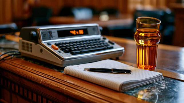 Court stenographer's symbolic still life of steno machine, folded legal pad, uncapped pen, and amber water glass on courtroom table edge, judicial documentation, legal profession still life .ultra p
