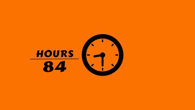 Minimalist clock graphic countdown illustration showing eighty four hours on orange background.