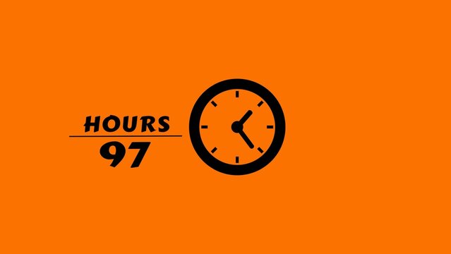 Minimalist digital clock design showing ninety seven hours on solid orange background frame.