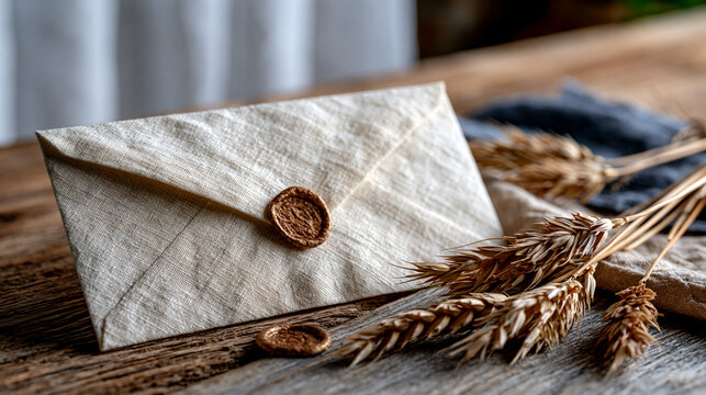 Cream linen envelope resting on a rustic harvest table beside dried wheat stems and a wax seal stamp, late summer morning light filtering through sheer curtains, blank envelope face angled toward ca