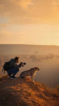 Wildlife Photographer Captures Cheetah at Sunrise with Herd of Buffalo in the African Savannah Landscape