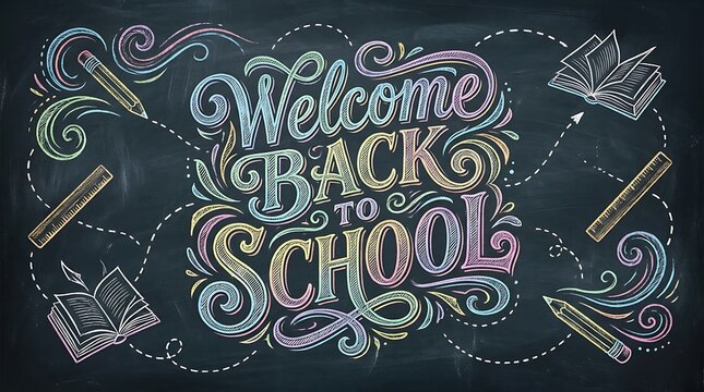 Welcome back to school chalkboard art with colorful drawings of books, pencils, rulers and abstract swirls for educational concepts.