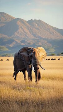 Majestic African Elephant in Golden Grassland Landscape, Wildlife Safari Scene with Mountain Backdrop and Serene Atmosphere