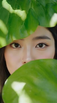 Mysterious Asian Woman Peeking Through Lush Green Leaves, Nature Portrait with Intimate and Ethereal Feel