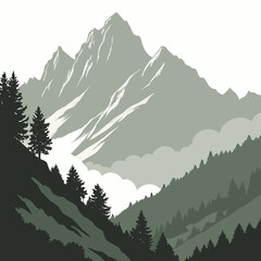 Fototapeta premium Mountain peak landscape with pine forest and clouds in flat design style mountain landscape