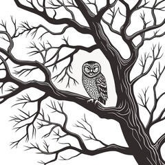 Detailed graphic illustration of a small owl perched on a tree branch with wildlife, illustration