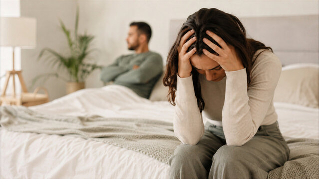Upset woman sitting on bed with head in hands during relationship conflict with partner