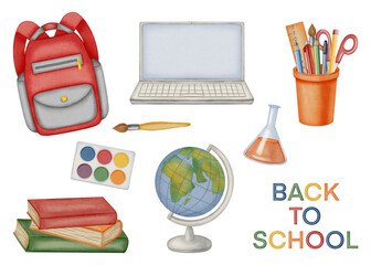 Obraz premium Watercolor illustrations with a Back to School theme, a backpack, laptop, books, and lettering. Perfect for educational banners, fall posters, back-to-school promotions, and children's textbooks