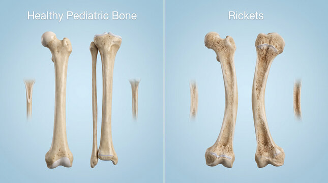 Rickets Disease vs Healthy Pediatric Bone Anatomy Comparison