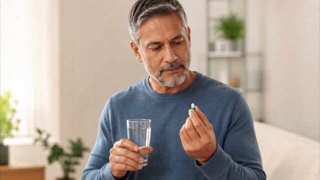Mature man at home holding medicine capsule and glass of water, preparing to take daily supplement or medication for health.