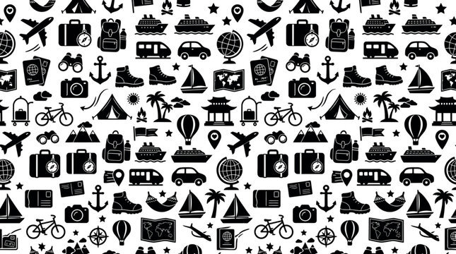 collection of travel icons airplane suitcase map and passport for vacation