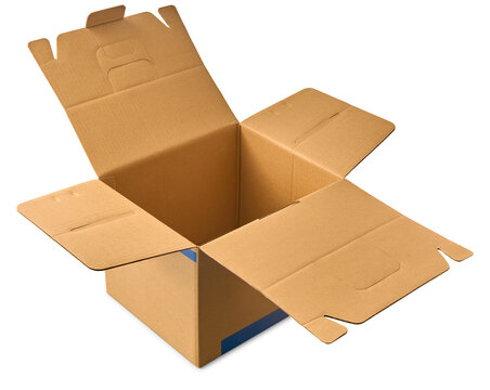 open blank empty cardboard box isolated white background, brown corrugated paper container with flaps folded out, mock-up template of packaging material