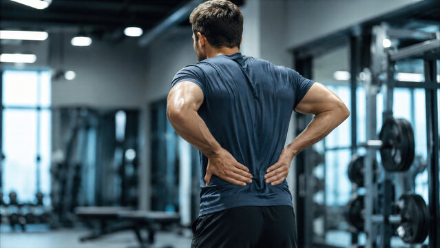 Young man experiencing lower back pain while working out in a modern gym, male athlete suffering from injury during weight training