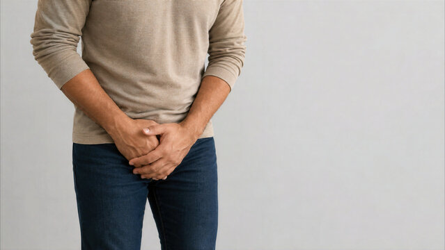 Man suffering from groin pain, urinary urgency, or prostate discomfort, holding his crotch with both hands, isolated on a light gray background