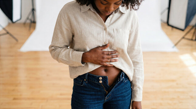 Woman Touching Her Bloated Stomach in Jeans, Feeling Abdominal Discomfort or Indigestion