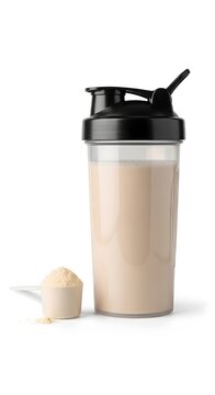 Whey protein shake in shaker cup with scoop of powder.