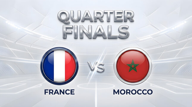 Quarter finals soccer matchup graphic featuring france and morocco national flags displayed in a modern stadium background for sports tournament events
