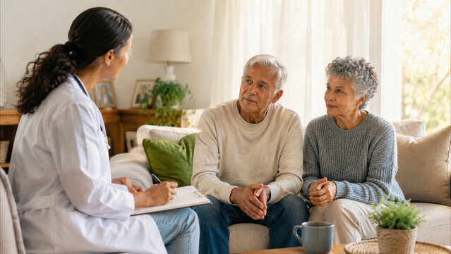 Compassionate female doctor taking notes while consulting with a senior couple during a home health care visit in their living room.