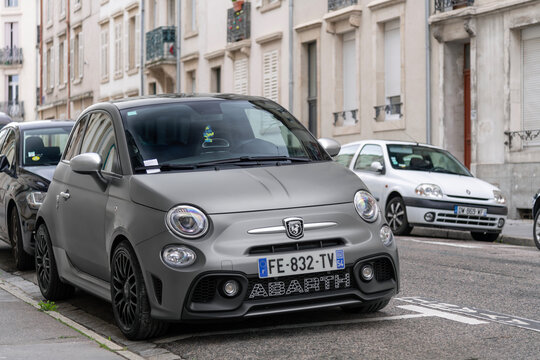 Nancy, France - October 3rd 2020 : View on a matte grey Abarth 595 parked on a street. The Abarth 595 is a sports car based on the Fiat 500, transformed into a sportier version by Abarth.