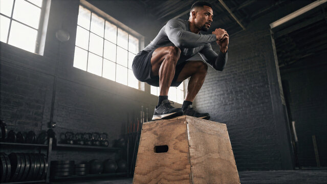 Muscular athlete performing explosive plyometric box jumps in a dark industrial gym with natural sunlight.