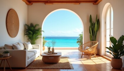 Fototapeta premium Comfortable white sofa and chair face ocean through archway. Plants add life to sunlit room. Wood beams frame bright blue sea view. Relaxing ambiance.