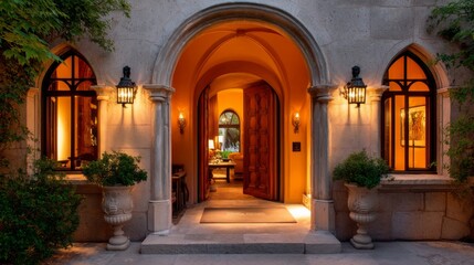 Fototapeta premium Elegant entrance of a luxurious home with arched doorways and warm lighting showcasing an inviting interior space with lush greenery