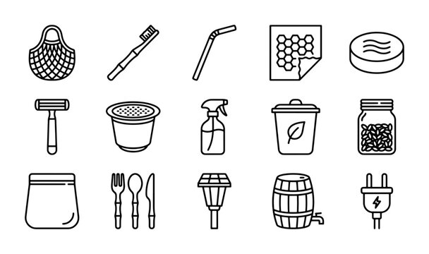 Eco Friendly Icons Set, Sustainable Living Objects, Zero Waste Lifestyle Graphics, Reusable Items Collection