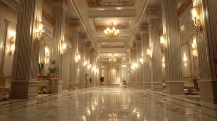 Naklejka premium Grand opulent hallway with ornate golden decorations, elegant chandeliers, and polished marble floor reflecting bright ambient light in luxurious atmosphere