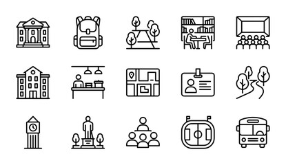 Fototapeta premium Campus Life Icons: University Buildings, Backpacks, Stadiums, and Buses for Education