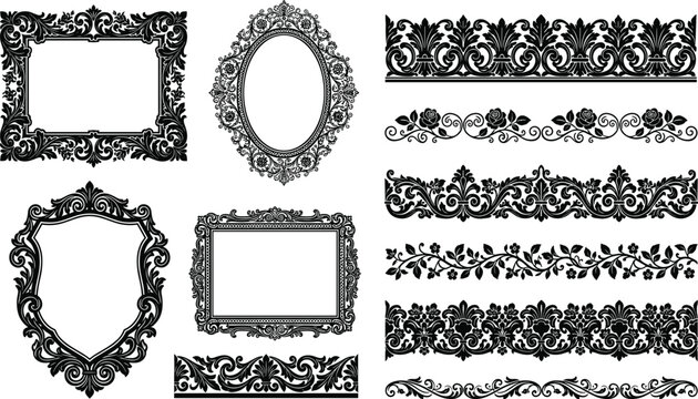 Vintage, baroque, frame, set, border, ornament, collection, decoration, vector, elegant, classic, filigree, antique, design, elements, black, silhouette, shield, mirror, pattern