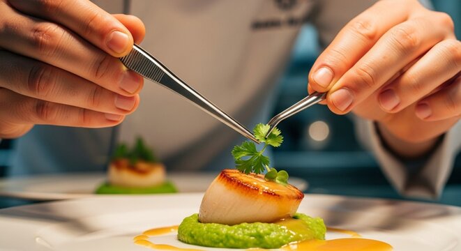 Chef garnishing seared scallop with herb tweezers, fine dining plating detail