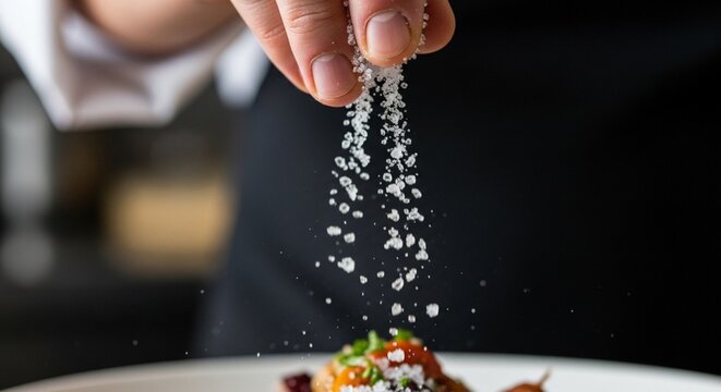 Chef hands sprinkling coarse sea salt over gourmet food dish
