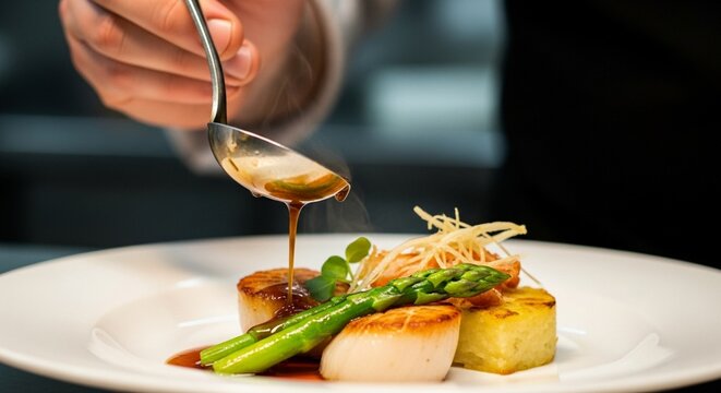 Chef pouring sauce onto gourmet entree with scallops, asparagus, and potato